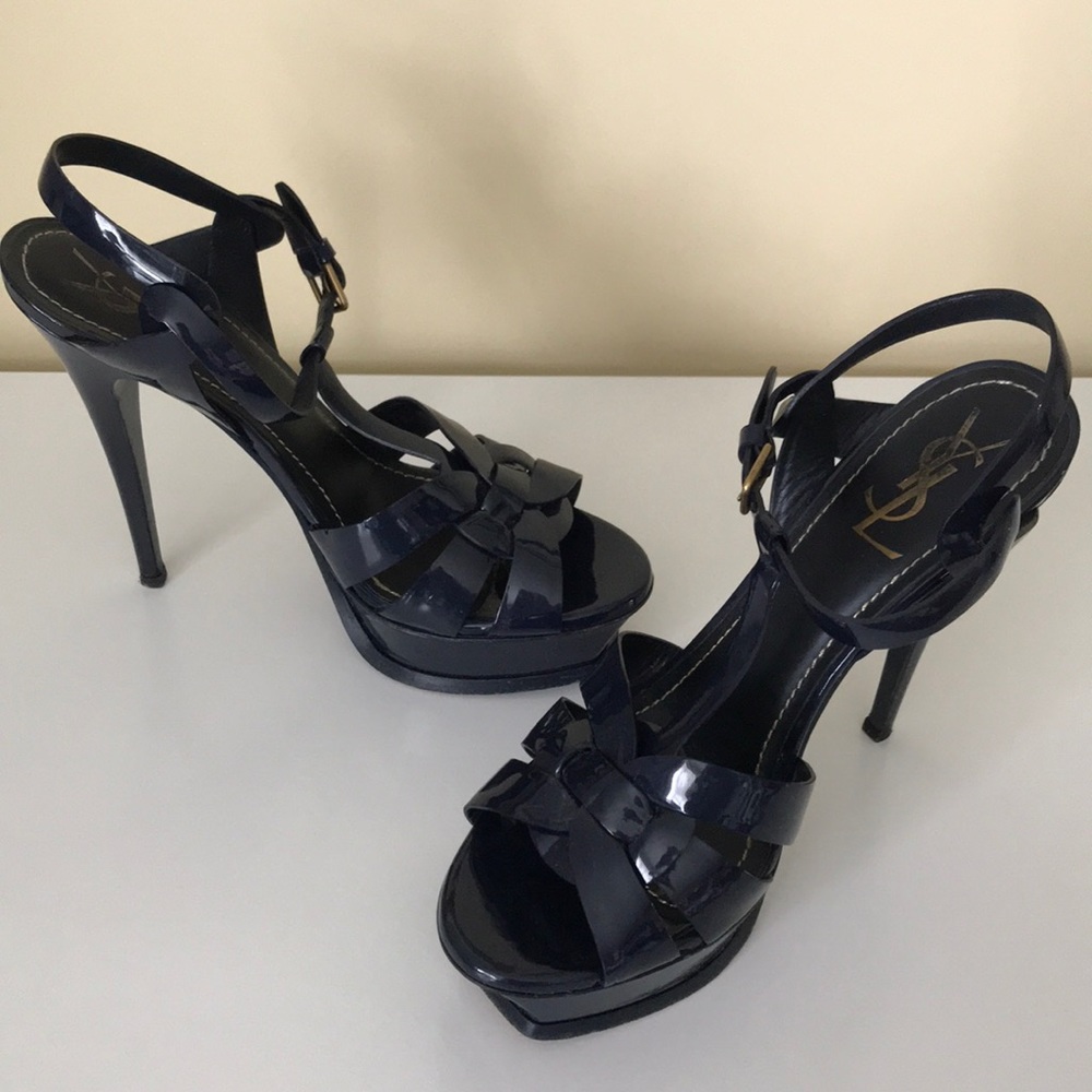 YSL TRIBUTE 105 T-STRAP NAVY Heels Sz 39.5